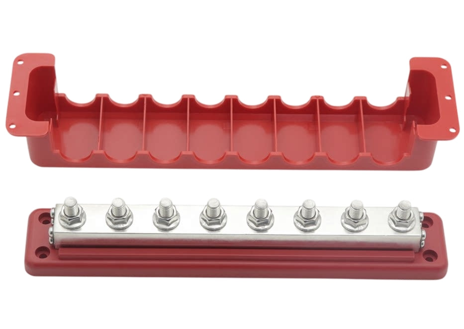 Heavy-Duty 8-Way 600A Power Distribution Busbar - 48V Bus Bar with Protective Cover (Black/Red Options)