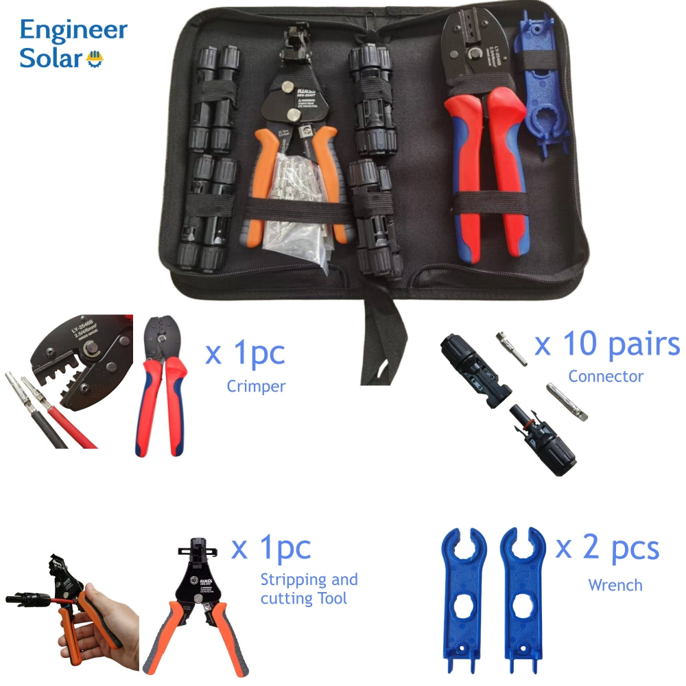 Professional Solar PV Installation Tool Kit - MC4 Crimper, Stripper, Spanners & Connectors (All-in-One Case)