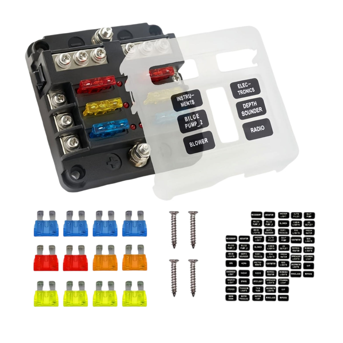 6 Circuit Blade Fuse Block Kit with Negative Bus, LED Warning Indicator & Waterproof Cover - ATC/ATO Fuse Box for RV, Car, Marine & Boat