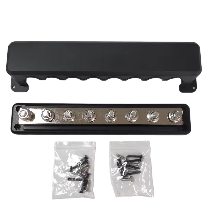 Heavy-Duty 8-Way 600A Power Distribution Busbar - 48V Bus Bar with Protective Cover (Black/Red Options)