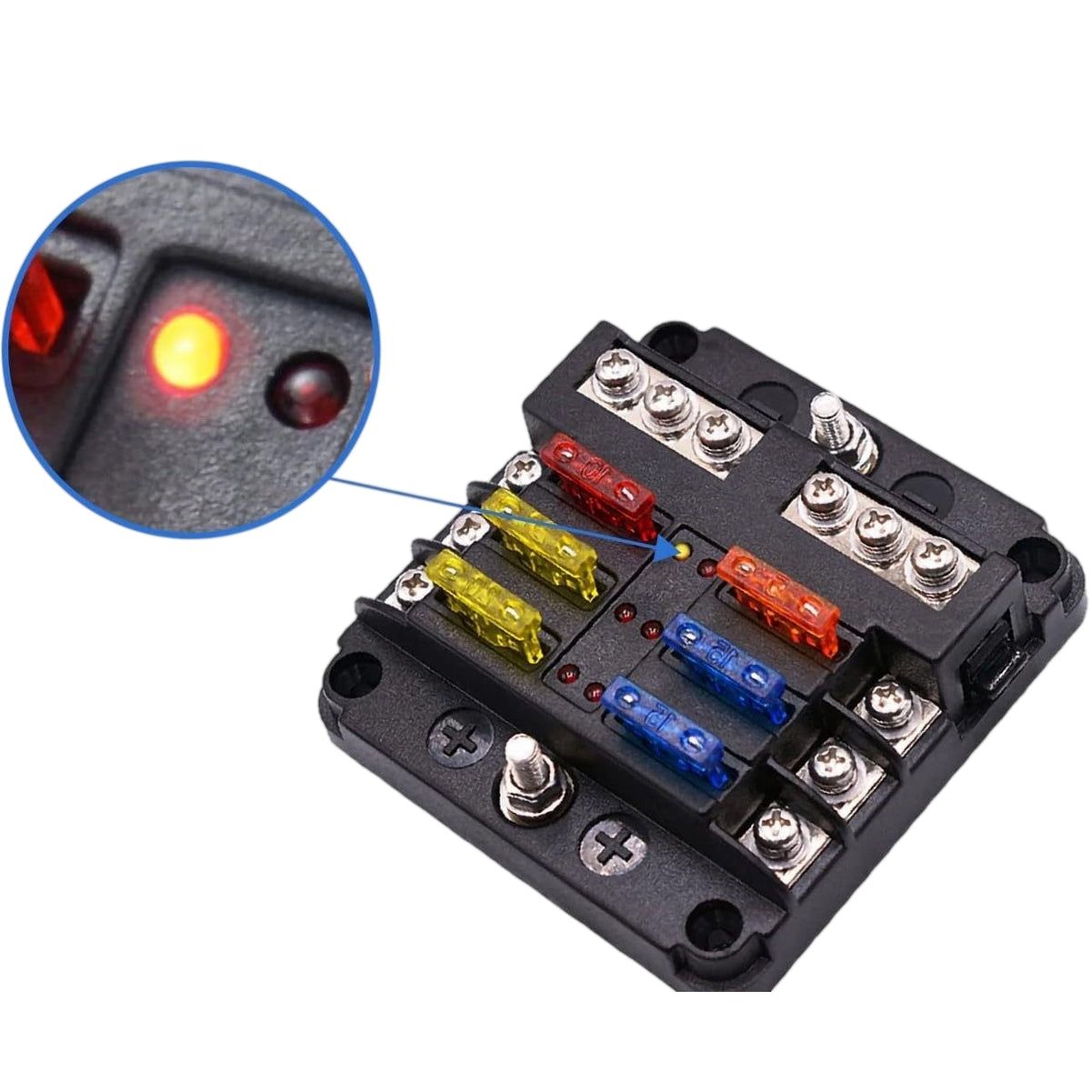 6 Circuit Blade Fuse Block Kit with Negative Bus, LED Warning Indicator & Waterproof Cover - ATC/ATO Fuse Box for RV, Car, Marine & Boat