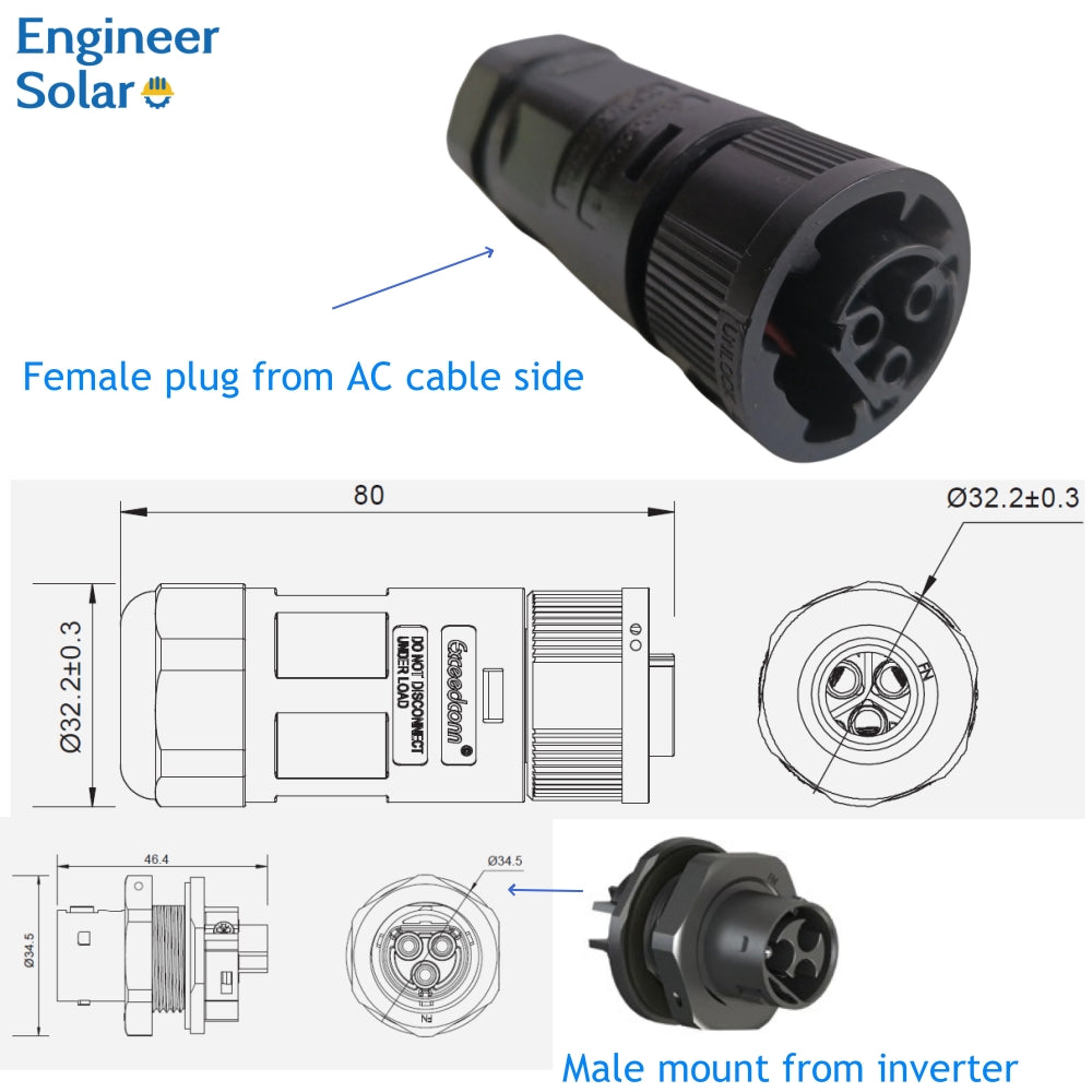 AC Connector for Growatt Inverter - Waterproof Grid Plug & Socket Set for Photovoltaic Systems (Black)