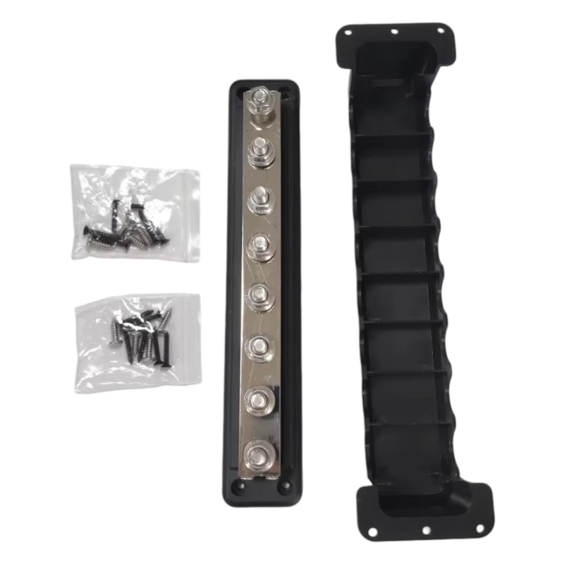 Heavy-Duty 8-Way 600A Power Distribution Busbar - 48V Bus Bar with Protective Cover (Black/Red Options)