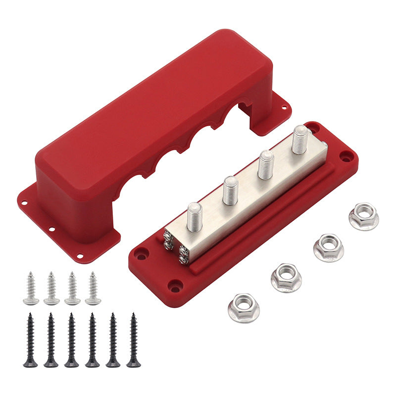 Heavy-Duty 4-Way 600A Power Distribution Busbar - 48V Bus Bar with Protective Cover (Black/Red Options)
