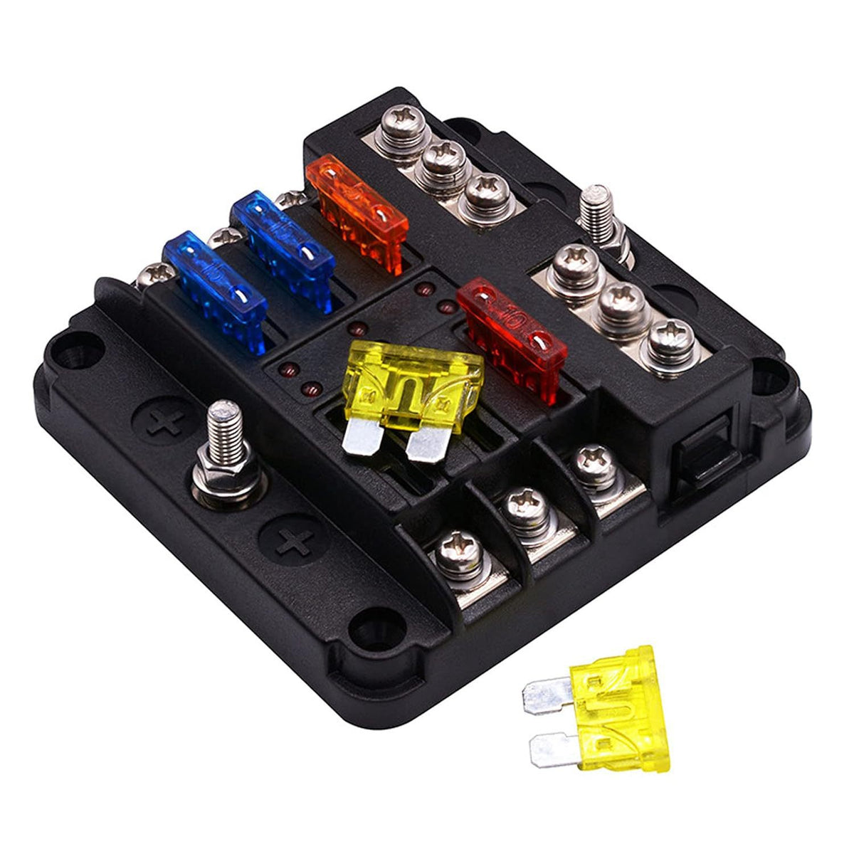 6 Circuit Blade Fuse Block Kit with Negative Bus, LED Warning Indicator & Waterproof Cover - ATC/ATO Fuse Box for RV, Car, Marine & Boat