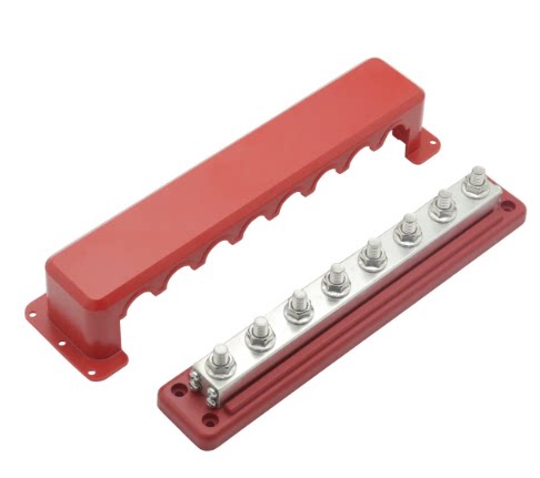 Heavy-Duty 8-Way 600A Power Distribution Busbar - 48V Bus Bar with Protective Cover (Black/Red Options)