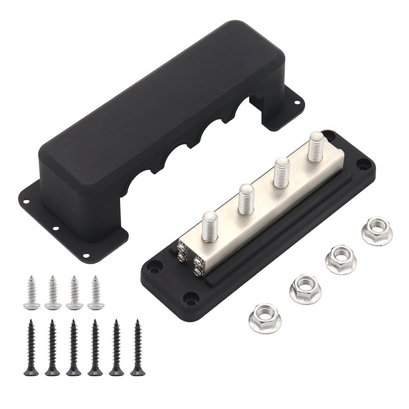 Heavy-Duty 4-Way 600A Power Distribution Busbar - 48V Bus Bar with Protective Cover (Black/Red Options)