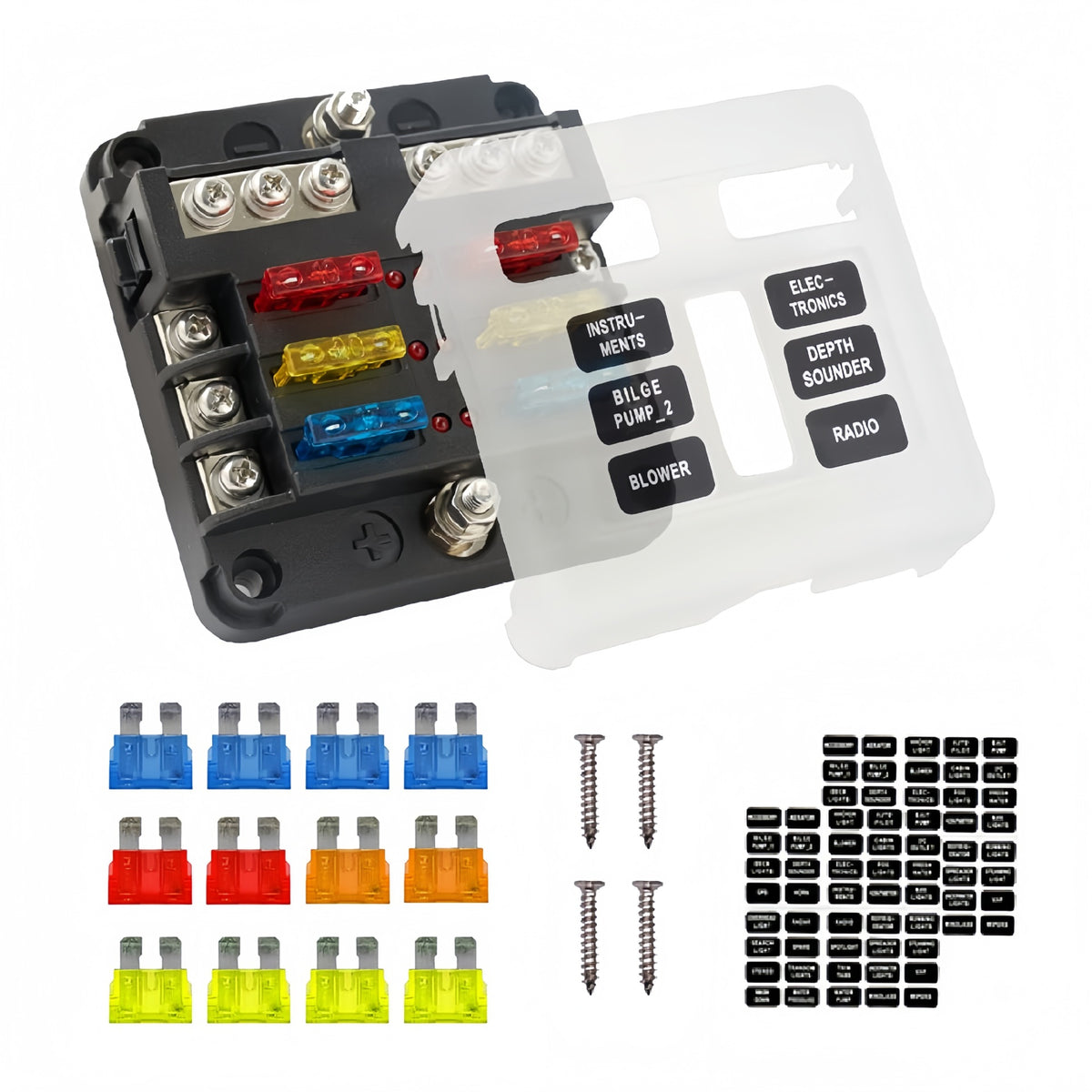 6 Circuit Blade Fuse Block Kit with Negative Bus, LED Warning Indicator & Waterproof Cover - ATC/ATO Fuse Box for RV, Car, Marine & Boat